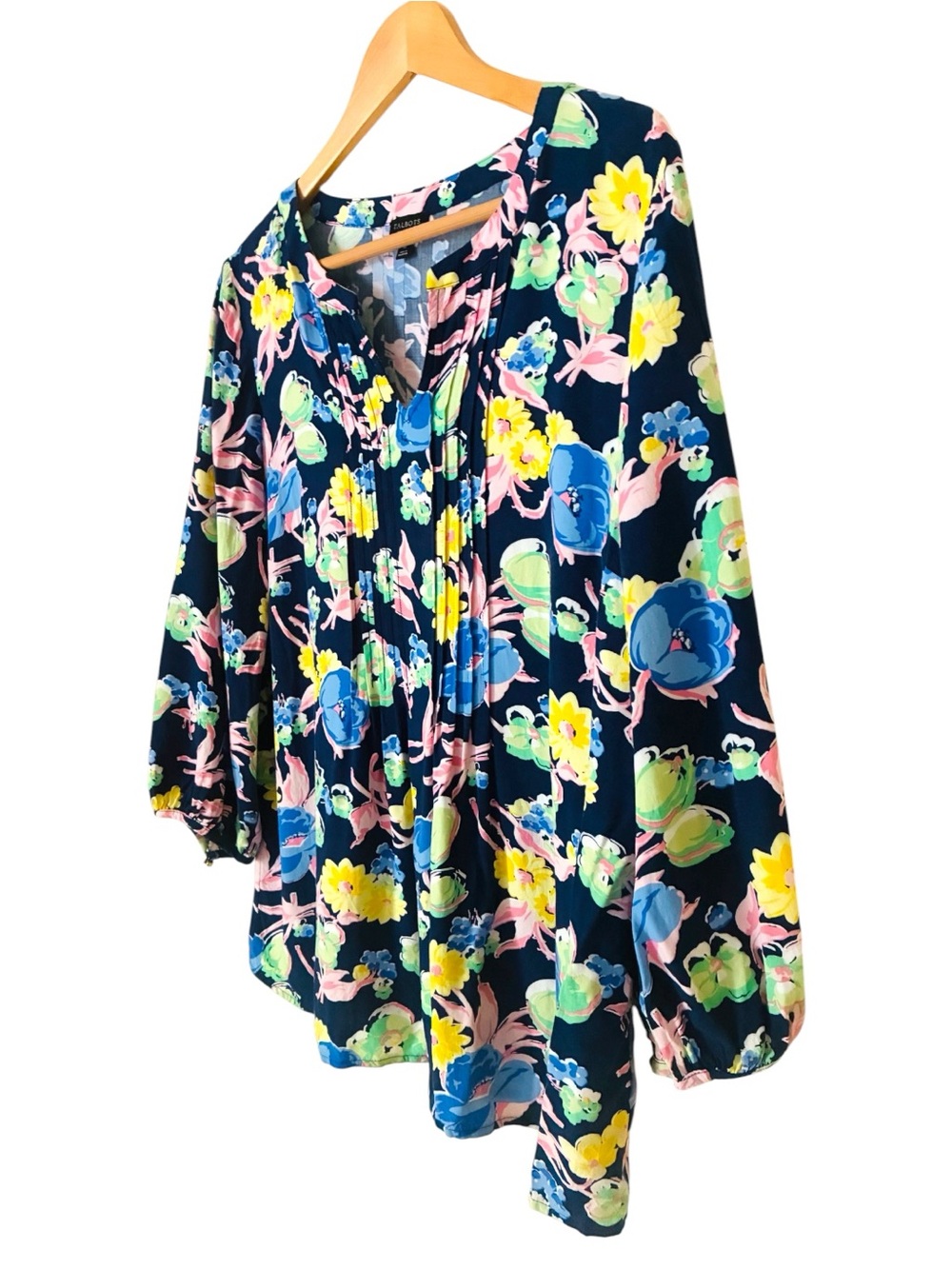 Talbots Sz MEDIUM Navy Yellow Floral Split-Neck Pintuck Pleat 3/4 Sleeve Blouse - Picture 4 of 9